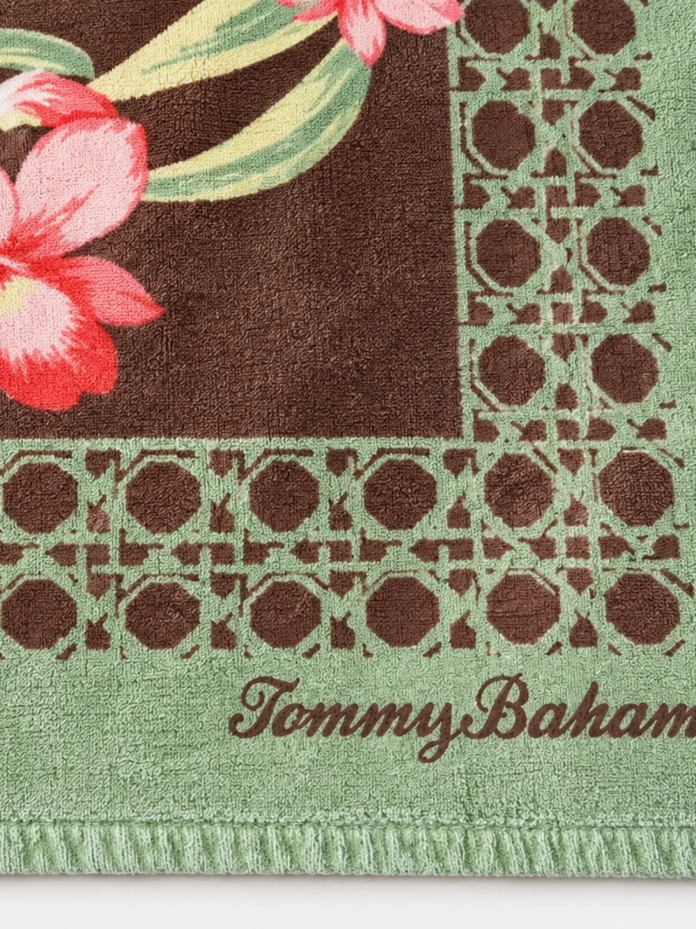 Tommy Bahama Brown Floral Center Beach Towel with Green Border